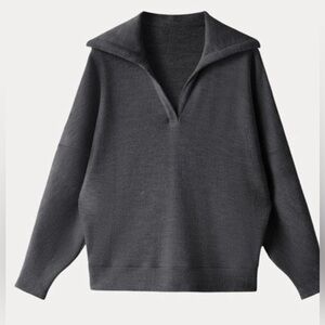 OGL Med NEW WT Cozy Collared V-Neck Batwing Sleeve Pullover Heather Gray